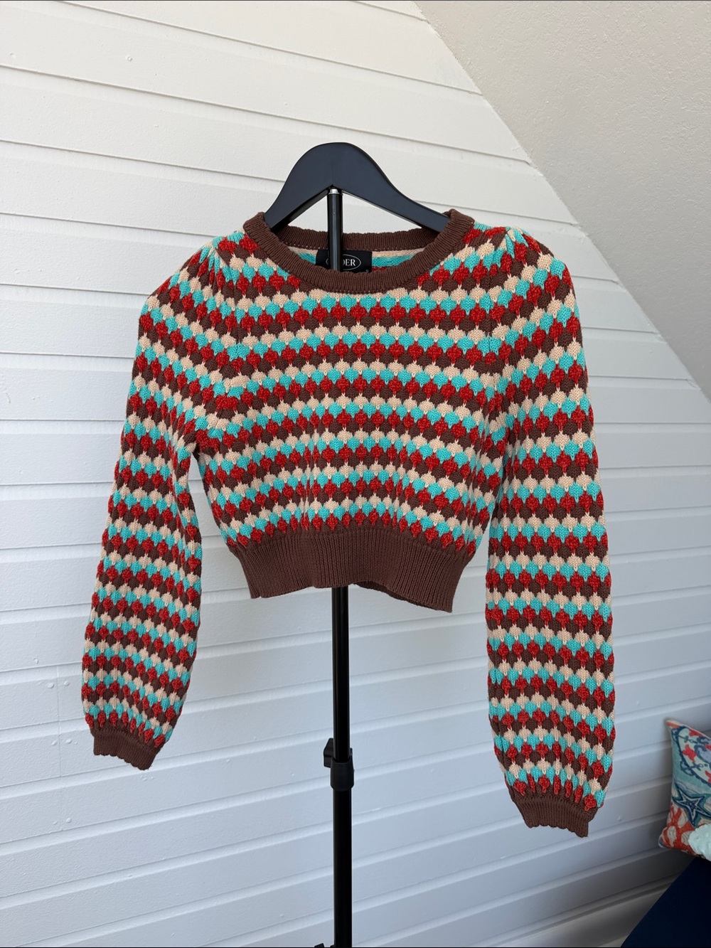 Cider Crochet-Style Brown & Teal Patterned Crop Sweater